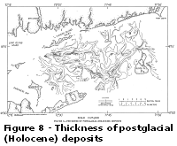 Figure 8 - Thickness of postglacial (Holocene) deposits. Larger image will open in new browser window.
