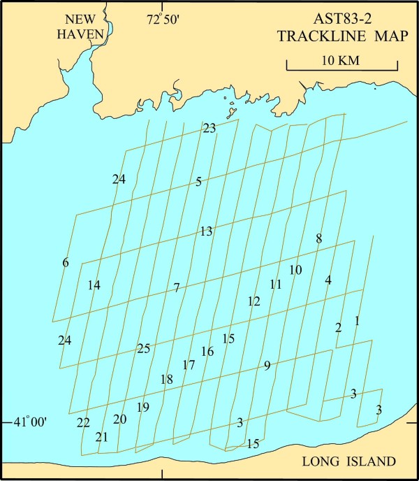 Map illustration: Trackline map of R/V ASTERIAS 83-2 tracklines in East-Central Long Island Sound and easternmost Long Island Sound.  Seismic line numbers linked to seismic preview images.