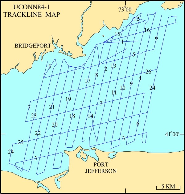 Map illustration: Trackline map of R/V UCONN 84-1 tracklines in West-Central Long Island Sound and easternmost Long Island Sound.  Seismic line numbers linked to seismic preview images.