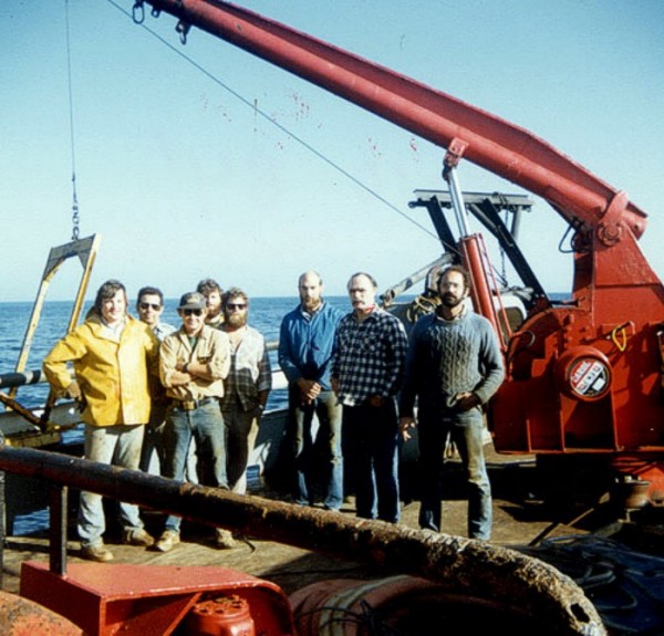 From left to right, Larry Redling (Mate), Archie McCabe (Cook), Chuck Dill (Contractor's Representative) and Captain Van Horn (left rear) with four of the "Alpine" crew on the aft deck of the RV Atlantic Twin during cruise AT- 84-1.