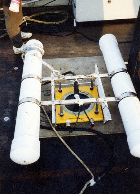 ORE "Geopulse" sled with yellow and black sound source and power cable clearly visible during cruise AST 85-8.