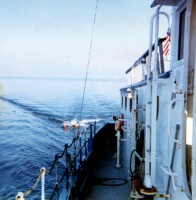An EG&G "Uniboom" sound-source sled deployed to starboard from the RV UCONN during cruise UCONN 84-1.