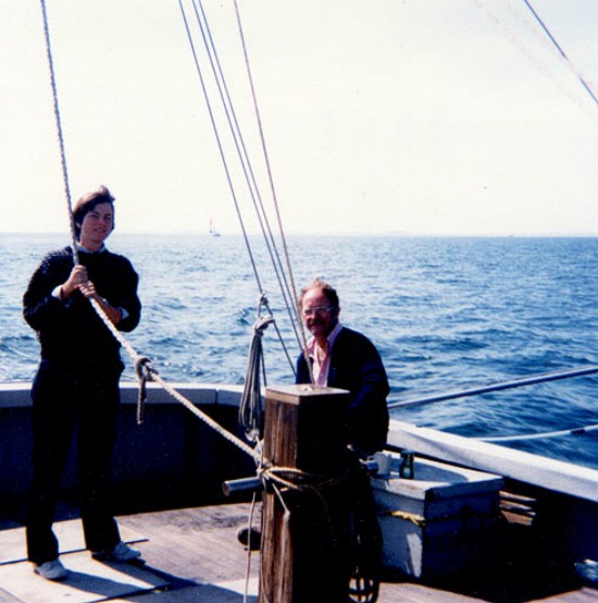 Sally Needell and Jack Connell (both with USGS) on the aft deck of the RV Asterias during cruise AST 82-3.