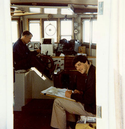 Captain Colburn and Stewart Richards (USGS) following the progress of cruise AST 83-2.