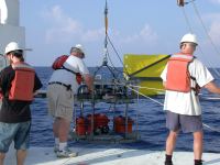 Figure 8.  Fully rigged TowCam being deployed over the stern of R/V Pelican.