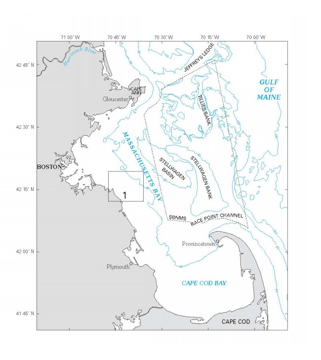 Figure 2.  Boundaries of Stellwagen Bank and western Massachusetts Bay.