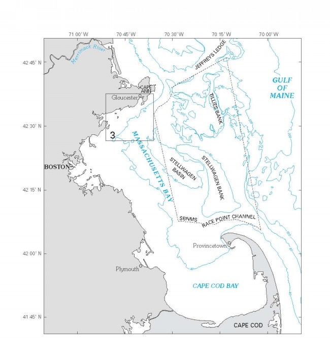 Figure 4.  Boundaries of Stellwagen Bank and western Massachusetts Bay.