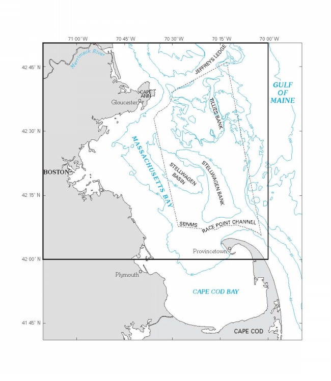 Figure 5.  Boundaries of Stellwagen Bank and western Massachusetts Bay.