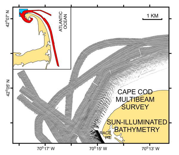 Figure 13: Sun-illuminated multibeam bathymetry from off northeastern Cape Cod.