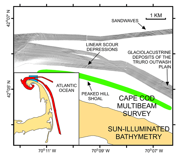 Figure 14: Sun-illuminated multibeam bathymetry from off northeastern Cape Cod.