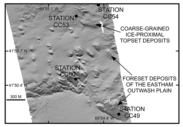 Figure 27: Sun-illuminated multibeam bathymetry showing deltaic deposits off North Eastham and Eastham, Cape Cod.