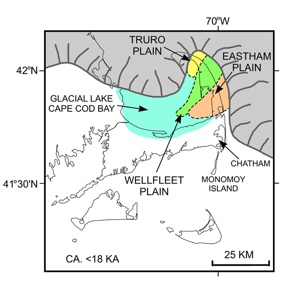 Figure 3: Regional paleogeographic map of Cape Cod and the Islands soon after 18 ka.