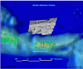 geo_150m_nw - Shaded Relief (illuminated from NW) of Puerto Rico Trench Bathymetry, Geographic Coordinate System