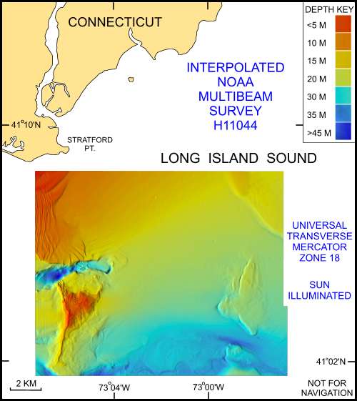Image shows the interpolated and regridded multibeam bathymetry from NOAA survey H11044 in north-central Long Island Sound off Milford, Connecticut.