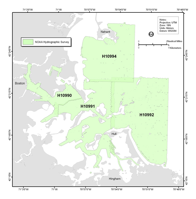 Figure 1.2. Map showing the location of the four NOAA hydrographic surveys, conducted in 2000 and 2001, that were used for this project.