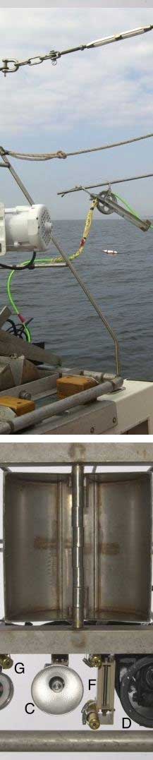 Figure 3.3. TOP: Photograph of Mini SEABOSS and winch on the deck of the RV Rafael. BOTTOM: Components of Mini SEABOSS viewed from below