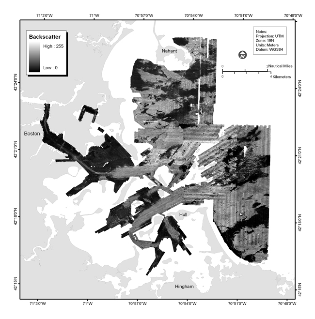 Figure 3.4. Map showing acoustic backscatter intensity of the survey area in Boston Harbor and Approaches, Massachusetts. 