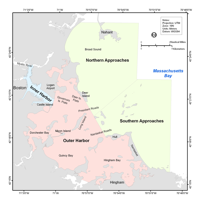 Figure 4.1. Map showing Boston Inner Harbor, Outer Harbor, and the Northern and Southern Approaches.