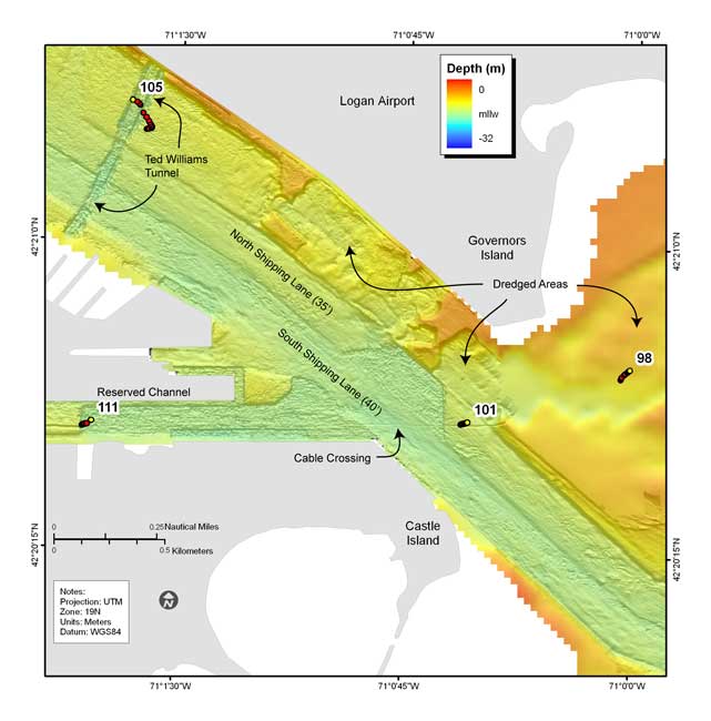 Figure 4.4. Shaded relief bathymetry, colored by water depth, of eastern portion of Boston Inner Harbor showing dredged main shipping channel, Ted Williams Tunnel, circular dredged areas south of Logan Airport, cable crossing, and linear scour marks.