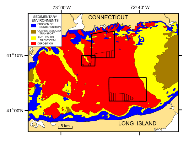 Figure 13. Map from Knebel and Poppe (2000) showing the distribution of sedimentary environments in east-central Long Island Sound.  