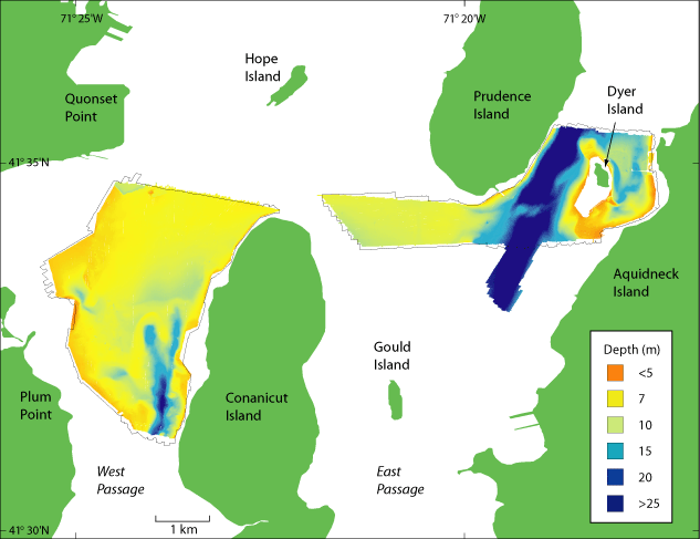 Figure 3. Bathymetry map of study area. Depth is in meters and represents mean lower low water.