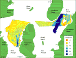 Figure 3.  Bathymetry map of study areas. Depth is in meters and represents mean lower low water. 