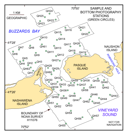 Figure 14. Map showing the station locations used to verify the acoustic data with bottom sampling and photography during the RAFAEL 05007 cruise.