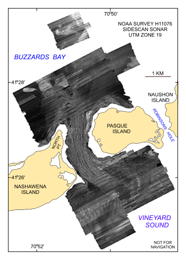 Figure 20. Map showing the sidescan sonar imagery produced from data collected during NOAA survey H11076 of Quicks Hole, Massachusetts.   