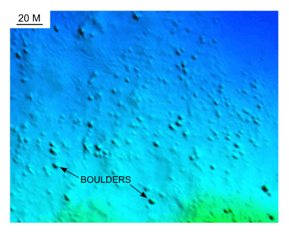 Figure 24. Detailed planar view of the bouldery sea floor north of Pasque Island from the DTM produced during NOAA survey H11076. 