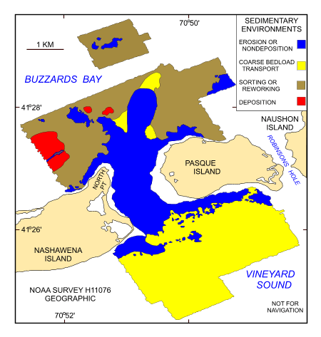 Figure 30.  Map showing the interpreted distribution of sedimentary environments within NOAA survey H11076.   