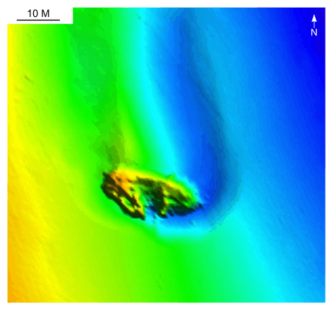 Figure 42. Detailed planar view of scour associated with a shipwreck in the large depression north of Quicks Hole from the DTM produced during NOAA survey H11076.  