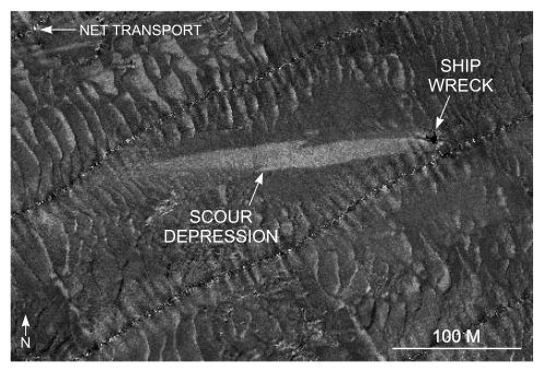 Figure 44. Detailed planar view of a scour depression associated with a shipwreck south of Pasque Island from the sidescan sonar mosaic produced during NOAA survey H11076.   