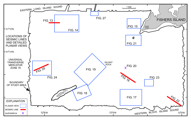 Figure 12. Map showing the boundary of the acoustic data from NOAA survey H11250 and locations of the detailed planar views of the multibeam DTM and the seismic lines shown in other figures.