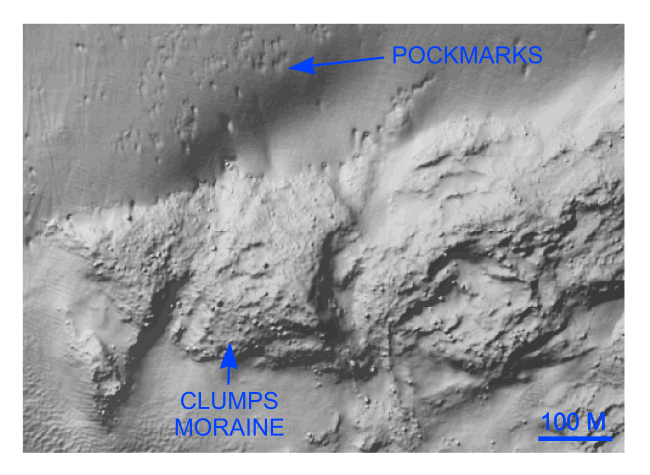Figure 15. Detailed planar view of the multibeam DTM showing the bouldery surface of the Clumps moraine. 
