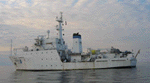 Figure 3. Port-side view of the NOAA Ship <em>Thomas Jefferson</em> at sea.  Note that the 30-foot survey launch normally stowed on this side of the ship has been deployed.