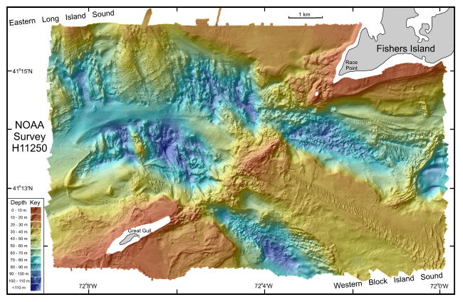 Figure 9. Digital terrain model (DTM) of the sea floor in eastern Long Island and western Block Island sounds produced from multibeam bathymetry data.