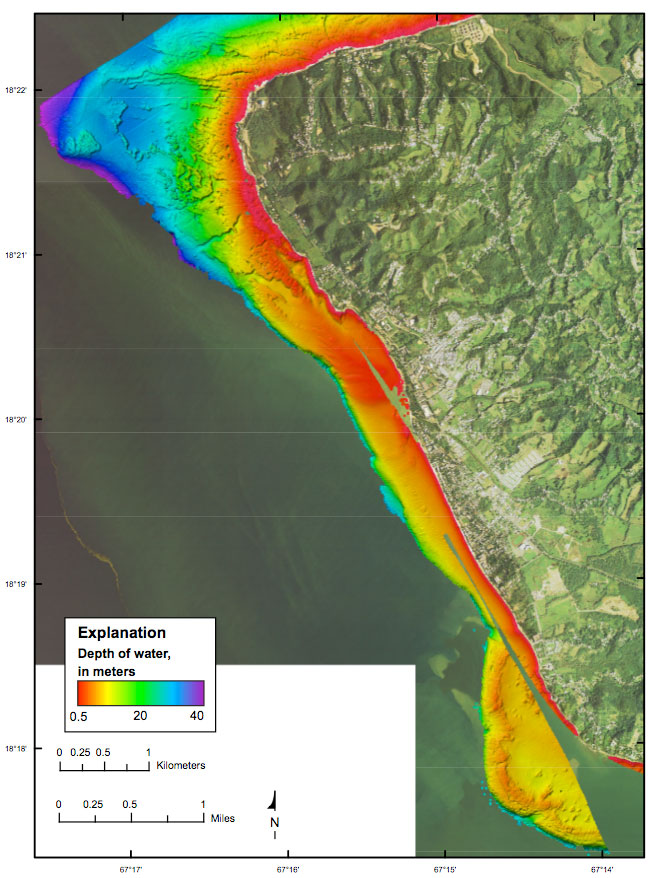 Figure 12. Map showing the bathymetry of the study area based on a SHOALS lidar survey completed in 2001.