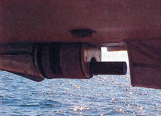 Figure 12.  Image showing the Reson Seabat 8101 hull mounted in the keel cut out of NOAA Launch 1005.