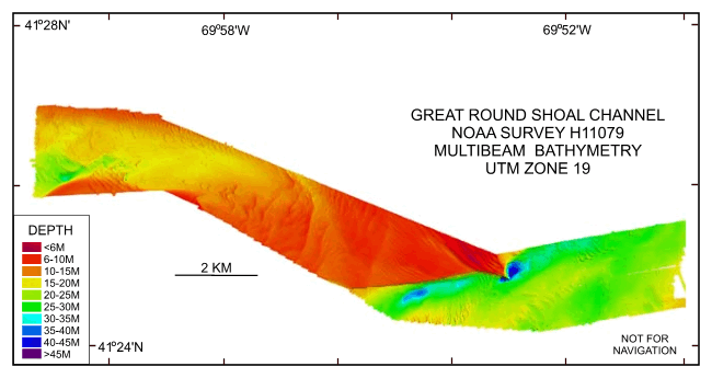 Figure 20.  Digital terrain model (DTM) of the sea floor produced from multibeam bathymetry collected during NOAA survey H11079 of Great Round Shoal Channel, offshore Massachusetts. 