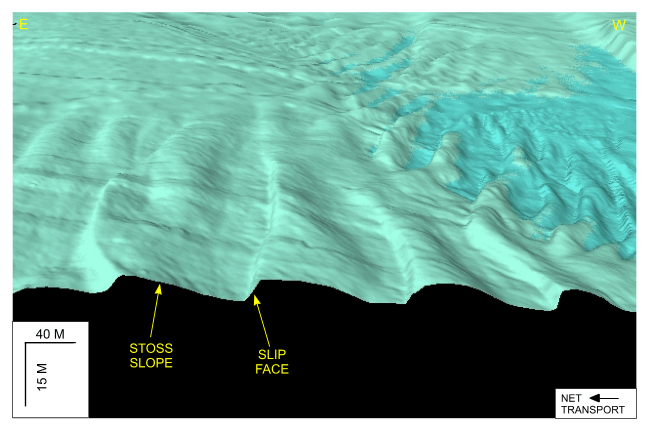  Figure 32.  Detailed perspective view looking south of the transverse sand waves along the southern edge of Great Round Shoal from the DTM produced during NOAA survey H11079.