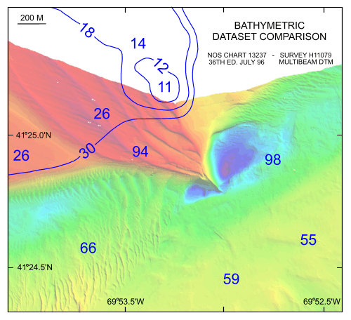 Figure 43. Detailed comparative view of the new multibeam bathymetric dataset with contours and soundings from chart 13237 (NOAA, 1996).    