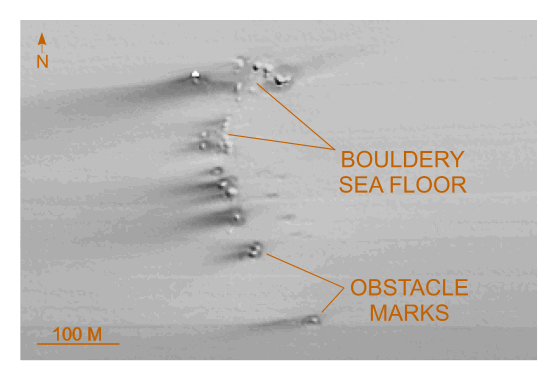 Figure 22. Detailed planar view of multibeam bathymetry from survey H11252 showing outcrops of bedrock and till along western edge of this survey area.