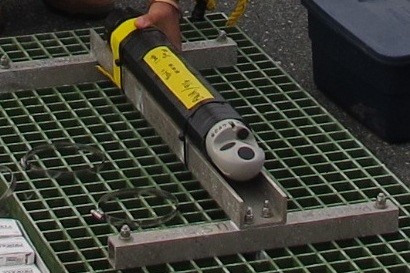 Figure 13. An Aquadopp acoustic profiler mounted on a grate prior to deployment.   