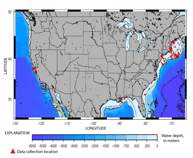 Figure 3. Map of North America showing the locations at which data in the oceanographic time-series database were collected.  