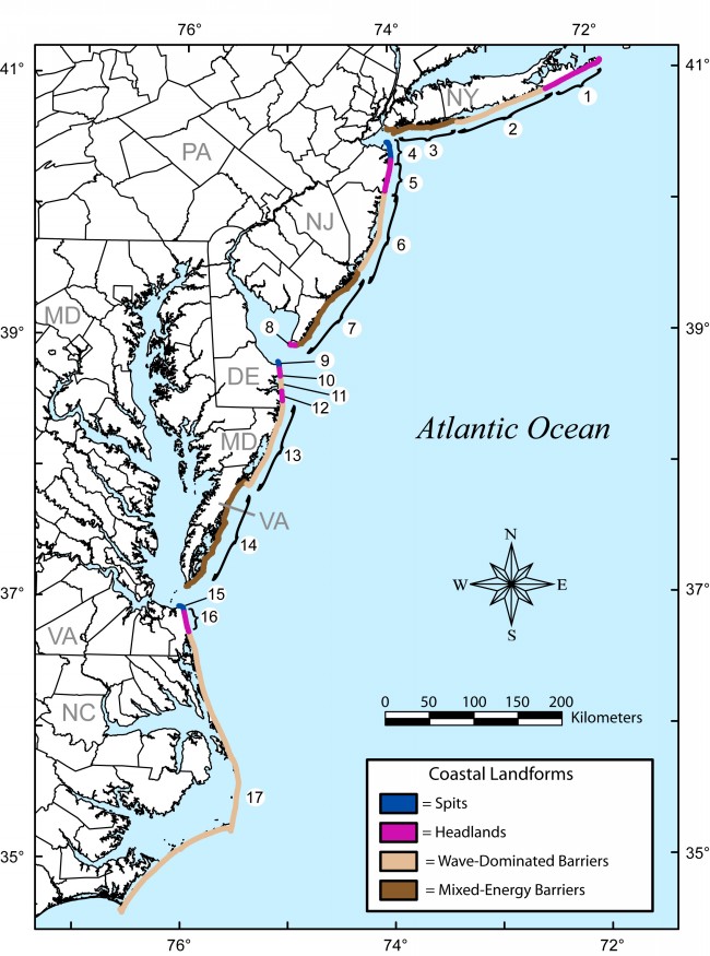 Figure 1.  Map of the mid-Atlantic coast of the United States showing the seventeen coastal compartments and their coastal geomorphic type  