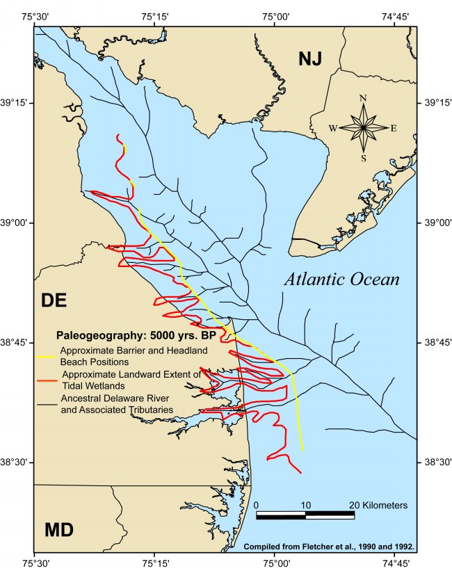 Figure 2.  Paleogeography of the Delaware Bay region inferred from geological investigations of shallow marine sediments. Compiled from Fletcher and others (1990 and 1992).  