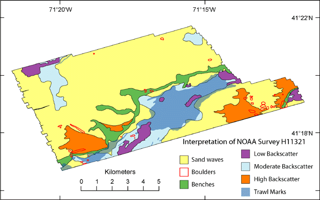 Figure 10. Interpretation of sidescan-sonar imagery of the study area. Sand waves are visible across much of the study area, and boulders are scattered throughout. Two lines of benches cross the study area, large areas of high backscatter are located mostly in the south, and low backscatter and trawl marks are seen in the deeper waters.