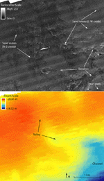 Figure 11. Detailed sidescan-sonar and bathymetry images of sand waves along a channel on the northern ridge.
