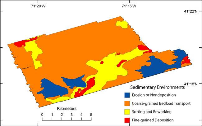 Figure 14. Map of the sedimentary environments in the study area including those characterized by processes of erosion or nondeposition, coarse-grained bedload transport, sorting and reworking, and fine-grained deposition. 