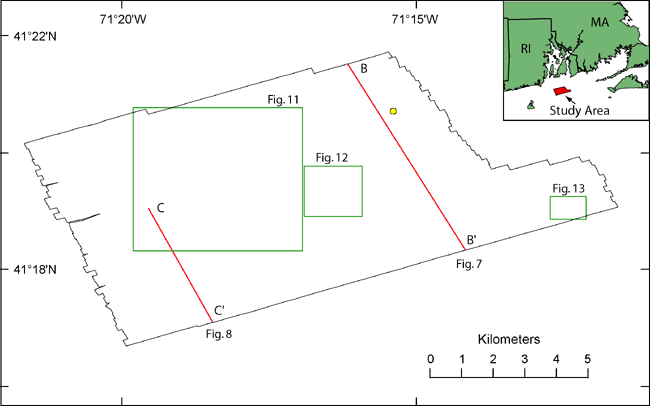 Figure 2. Map showing the outline of the study area (black outline), locations of historic seismic-reflection data shown in figures 7 and 8 (red lines), the locations of detailed views shown in figures 11, 12, and 13 (green outlines), and the location of a sand sample (yellow circle) from the NOS Hydrographic Database (Poppe and others, 2003).